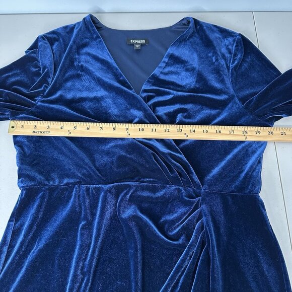 Express Faux Wrap Mini Dress Size XL Navy Blue Velvet Ruched - Picture 6 of 11